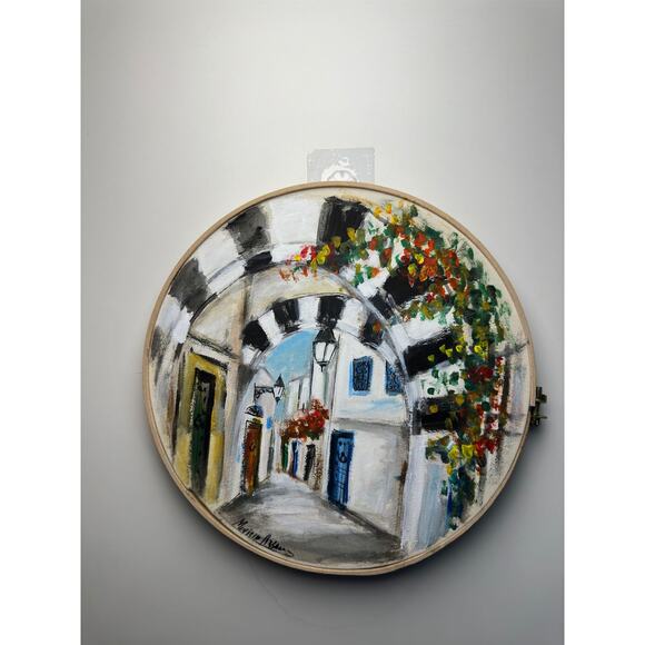 Handcrafted Circular Canvas Art – Scenic Street View - Picture 2 of 4